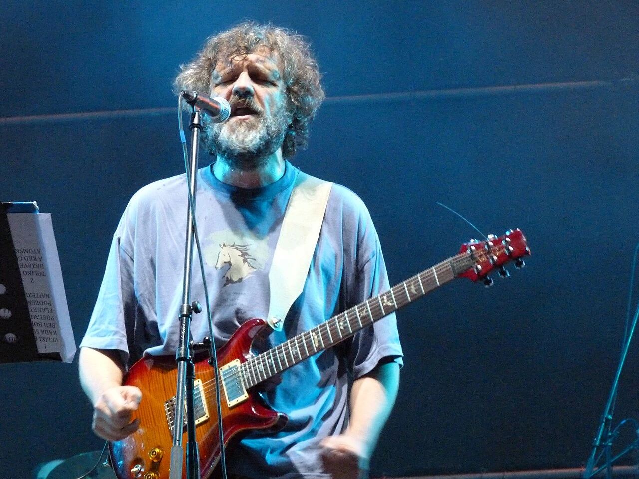 Emir Kusturica grający na gitarze i śpiewający na scenie w Budapeszcie w 2014 roku